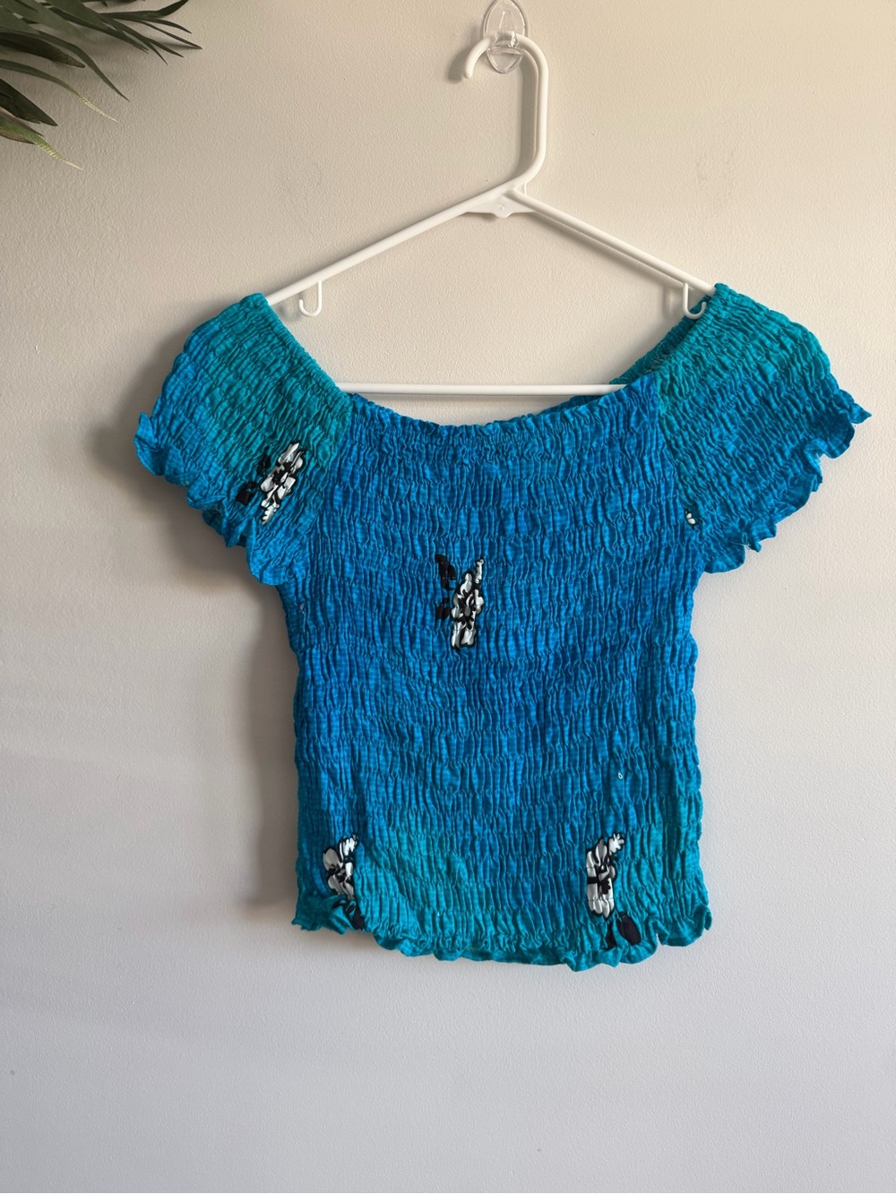 Westside Blue Smocked Off-Shoulder Floral Accent Crop Top